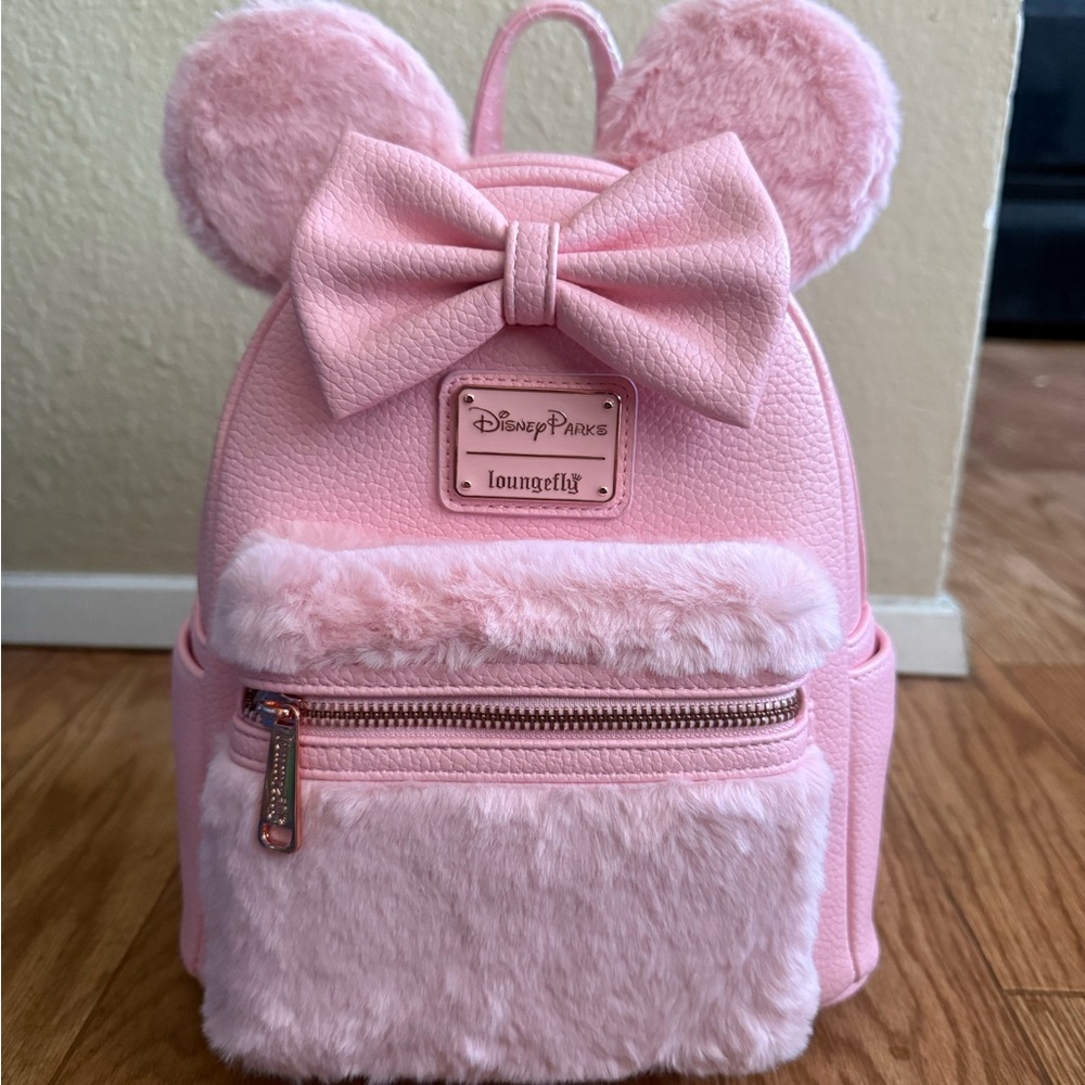 Disney Parks Loungefly Minnie Mouse Piglet Pink Fuzzy Mini Backpack
